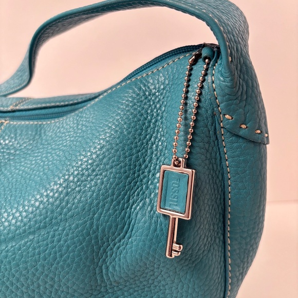 Vintage Fossil Teal Pebbled Leather Hobo Shoulder Bag – with Key Charm Y2K - Picture 3 of 11